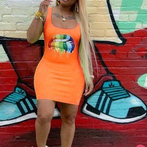 Sexy Lip Printed Sleeveless Bodycon Mini Dress
